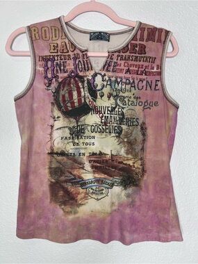 Vanilla Sugar Graphic Hot Air Balloon Sleeveless Tank Size Medium Pink & Cream